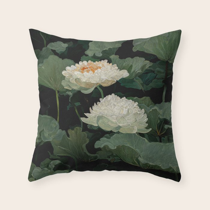 Floral Japandi Wall Art Lotus Flower Print Japanese Wall Art Sage Green Poster Wabi Sabi Painting Throw Pillow Gallery Image 1