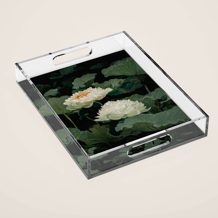 Floral Japandi Wall Art Lotus Flower Print Japanese Wall Art Sage Green Poster Wabi Sabi Painting Acrylic Tray Gallery Image 1