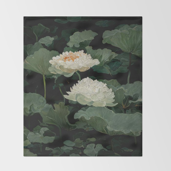 Floral Japandi Wall Art Lotus Flower Print Japanese Wall Art Sage Green Poster Wabi Sabi Painting Throw Blanket Gallery Image 2