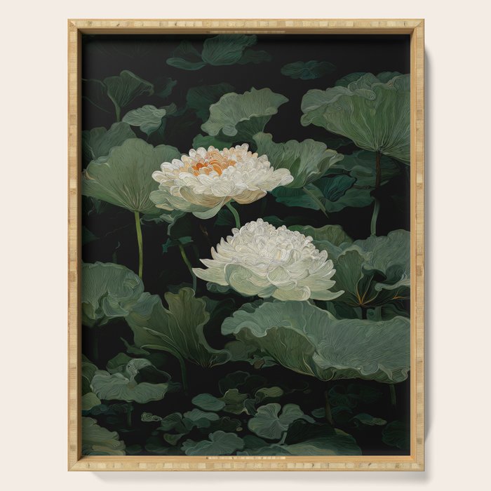 Floral Japandi Wall Art Lotus Flower Print Japanese Wall Art Sage Green Poster Wabi Sabi Painting Serving Tray Gallery Image 1