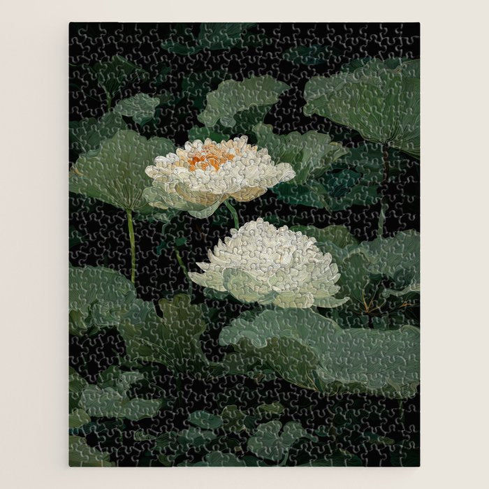 Floral Japandi Wall Art Lotus Flower Print Japanese Wall Art Sage Green Poster Wabi Sabi Painting Jigsaw Puzzle Gallery Image 1
