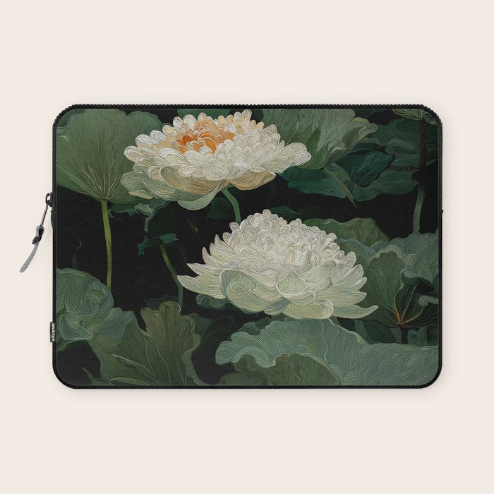 Floral Japandi Wall Art Lotus Flower Print Japanese Wall Art Sage Green Poster Wabi Sabi Painting Laptop Sleeve Gallery Image 1