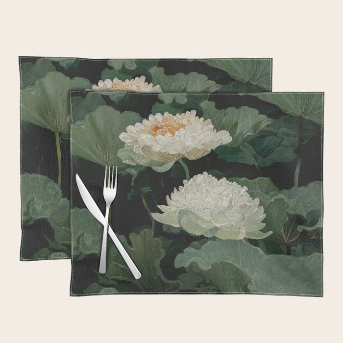 Floral Japandi Wall Art Lotus Flower Print Japanese Wall Art Sage Green Poster Wabi Sabi Painting Placemat Gallery Image 1