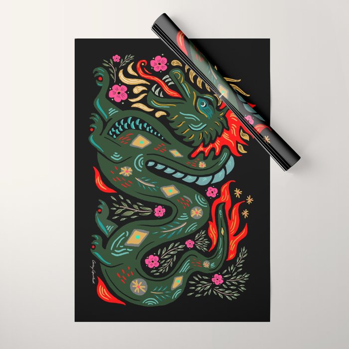 Dragon - Red, Black, Green Wrapping Paper Gallery Image 1