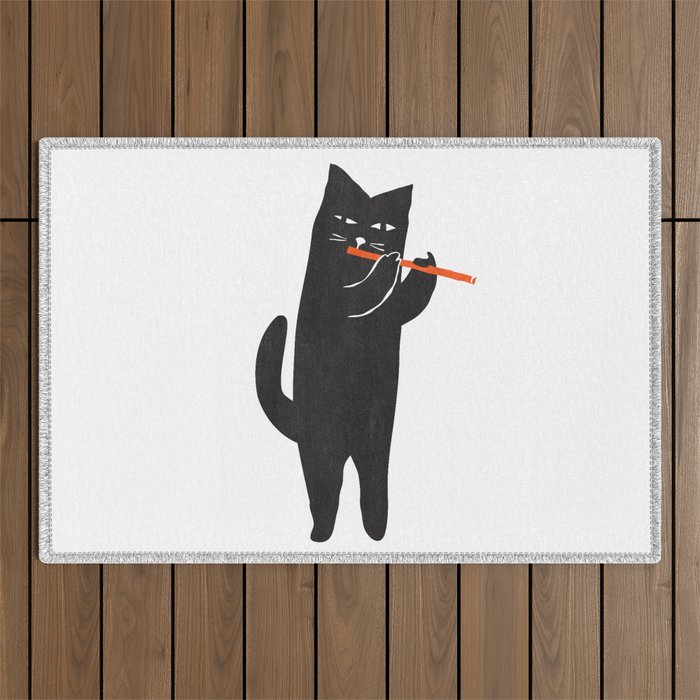 Black cat with flute Outdoor Rug Gallery Image 1
