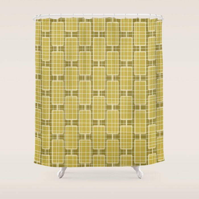 Mid Century Modern Woven Link Pattern in Olive Chartreuse Shower Curtain Gallery Image 1