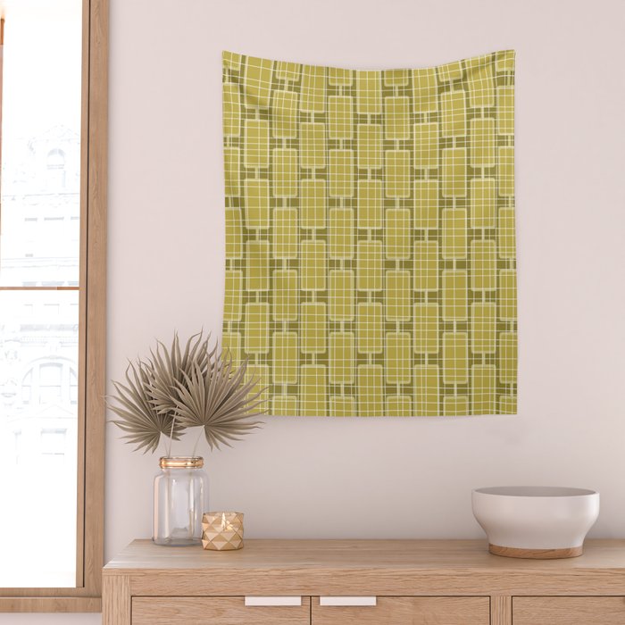 Mid Century Modern Woven Link Pattern in Olive Chartreuse Wall Tapestry Gallery Image 2