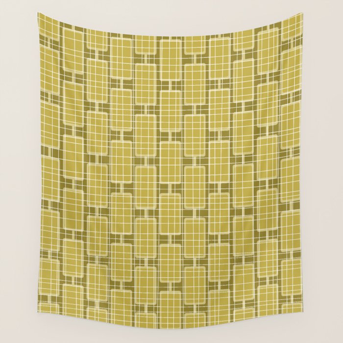 Mid Century Modern Woven Link Pattern in Olive Chartreuse Wall Tapestry Gallery Image 4