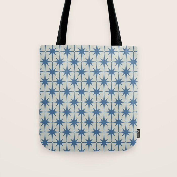 Midcentury Modern Atomic Starburst Pattern in Blue Greige Tote Bag Gallery Image 1