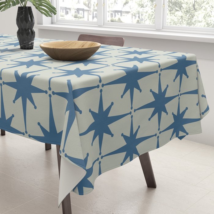 Midcentury Modern Atomic Starburst Pattern in Blue Greige Tablecloth Gallery Image 3