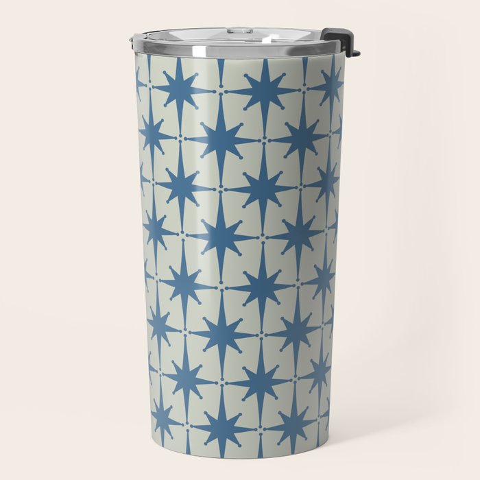 Midcentury Modern Atomic Starburst Pattern in Blue Greige Travel Mug Gallery Image 2