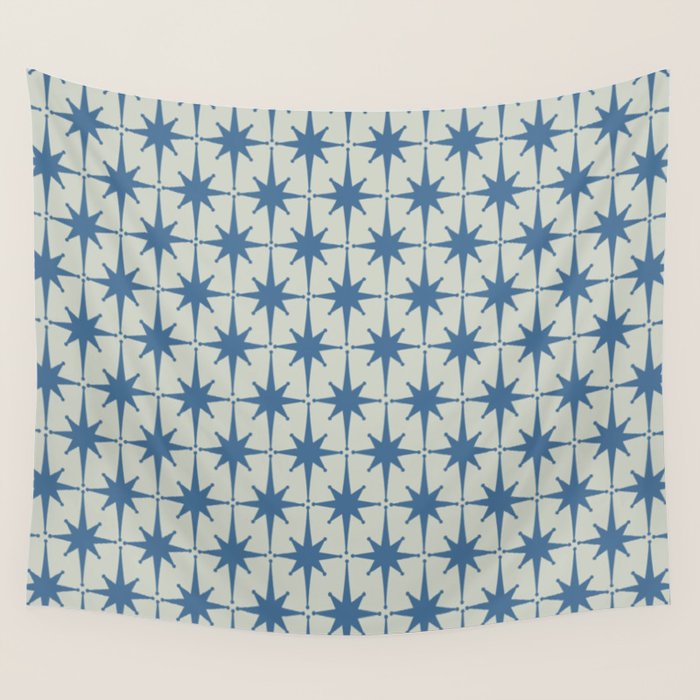 Midcentury Modern Atomic Starburst Pattern in Blue Greige Wall Tapestry Gallery Image 4