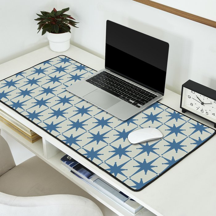 Midcentury Modern Atomic Starburst Pattern in Blue Greige Desk Mat Gallery Image 2