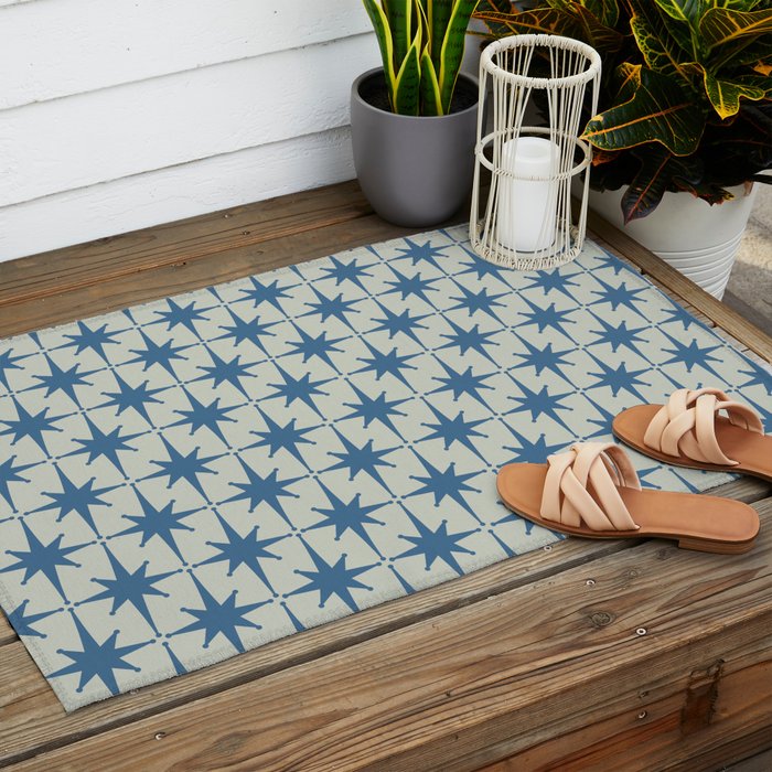 Midcentury Modern Atomic Starburst Pattern in Blue Greige Outdoor Rug Gallery Image 2