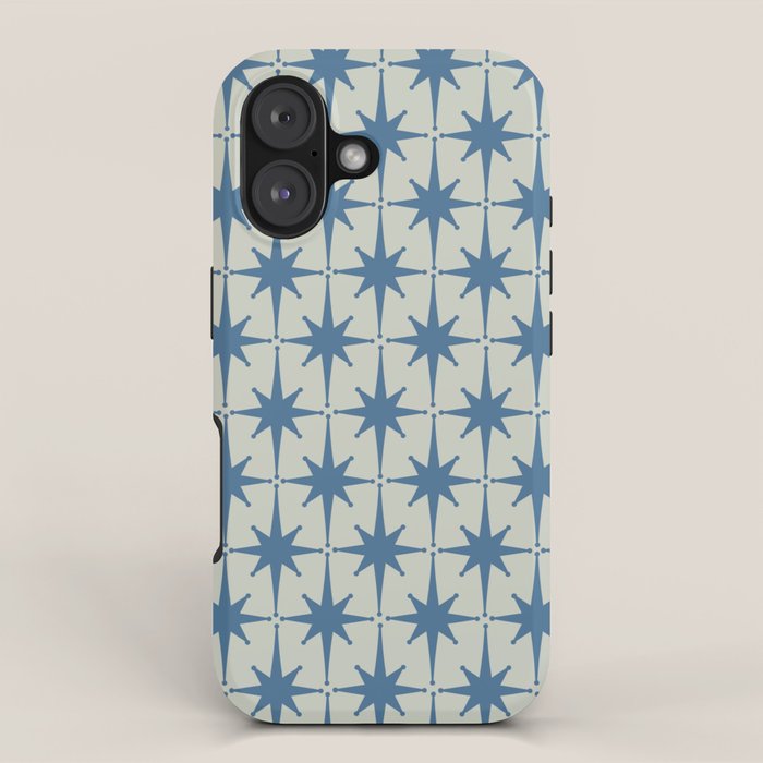 Midcentury Modern Atomic Starburst Pattern in Blue Greige iPhone Case Gallery Image 1