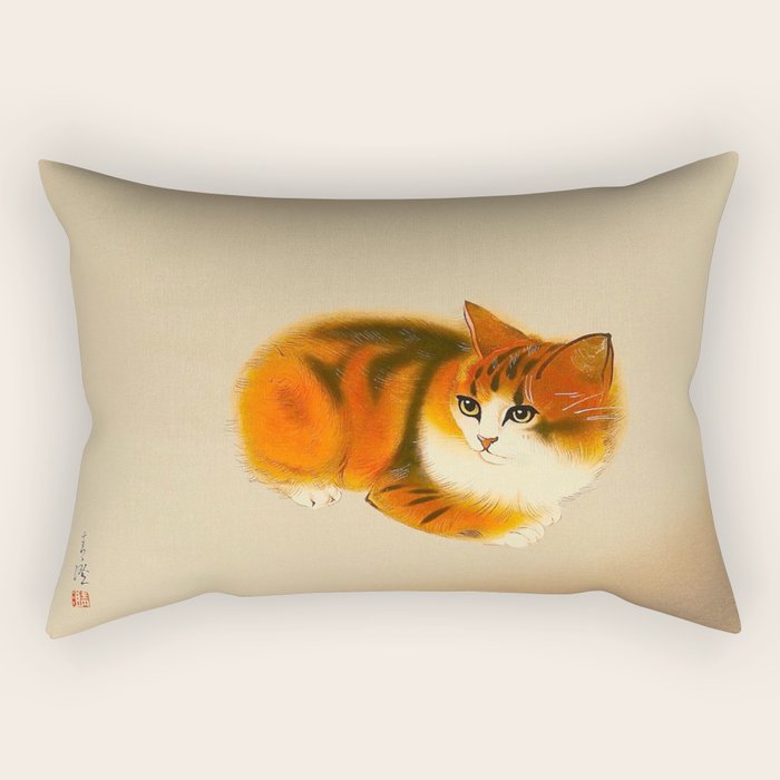 Orange Fluffy Kitten Japanese vintage Woodblock Print Rectangular Pillow Gallery Image 2