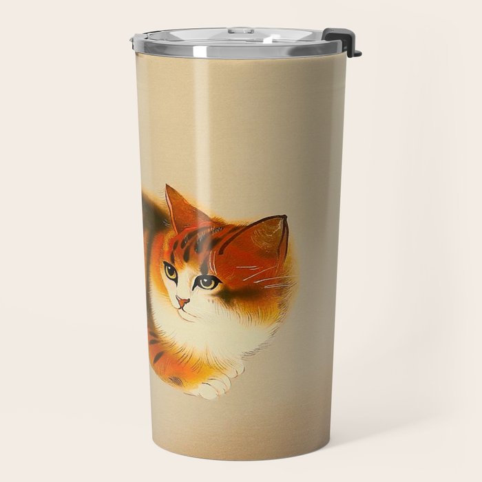 Orange Fluffy Kitten Japanese vintage Woodblock Print Travel Mug Gallery Image 2