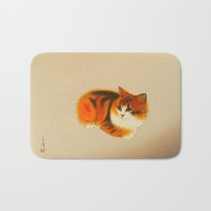 Orange Fluffy Kitten Japanese vintage Woodblock Print Bath Mat Gallery Image 1