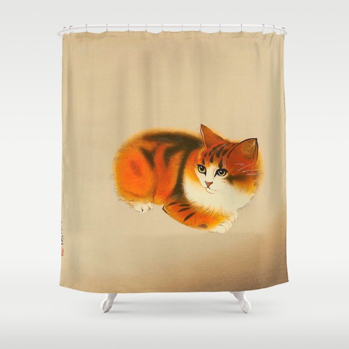 Orange Fluffy Kitten Japanese vintage Woodblock Print Shower Curtain Gallery Image 1
