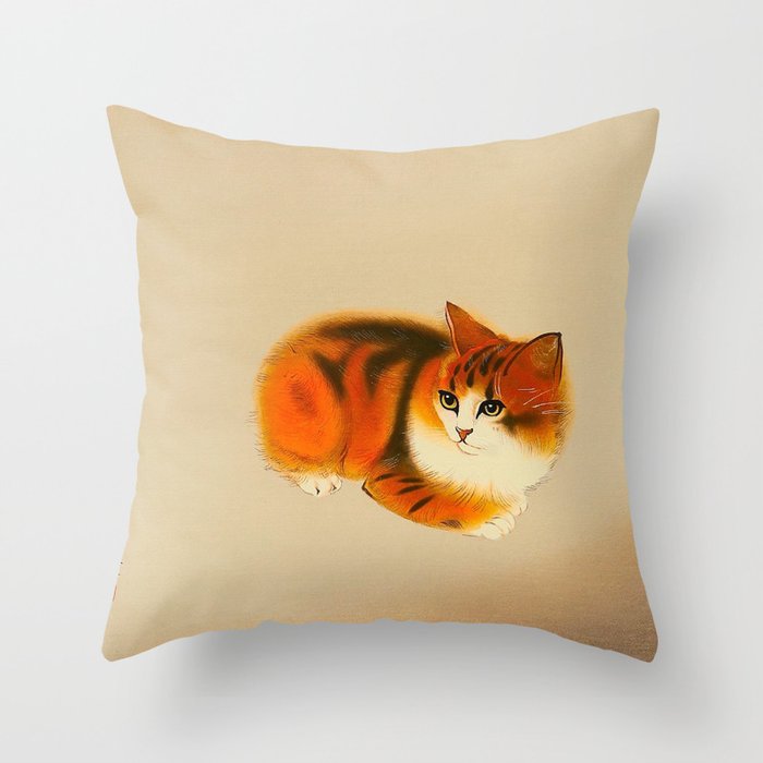 Orange Fluffy Kitten Japanese vintage Woodblock Print Throw Pillow Gallery Image 1