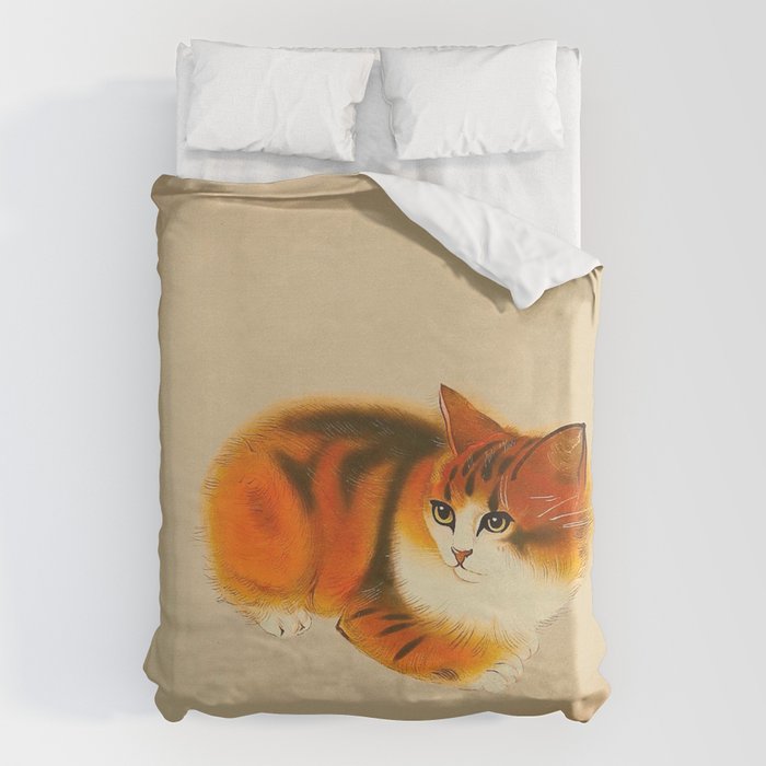Orange Fluffy Kitten Japanese vintage Woodblock Print Duvet Cover Gallery Image 6