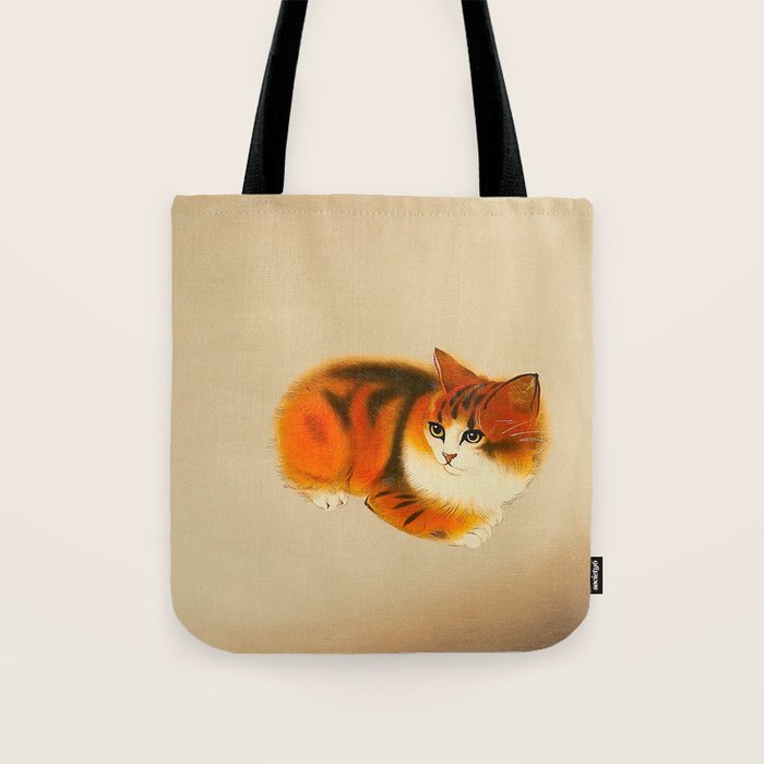 Orange Fluffy Kitten Japanese vintage Woodblock Print Tote Bag Gallery Image 1