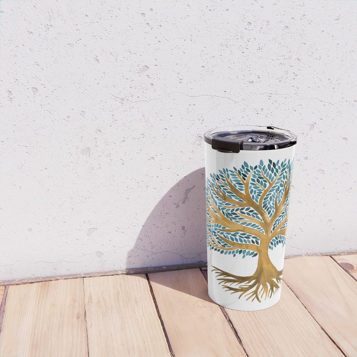 Tree of Life Watercolor - Ochre & Teal Travel Mug Gallery Image 4