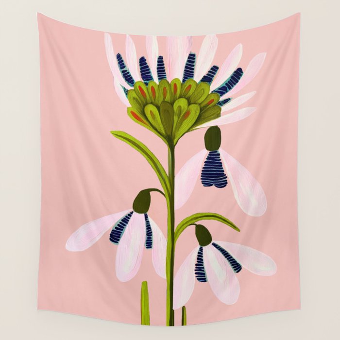 Snowdrop Trio on Blush Pink Wall Tapestry Gallery Image 1