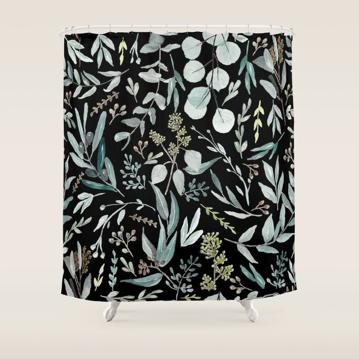 Black Eucalyptus Leaves Pattern Shower Curtain Gallery Image 1