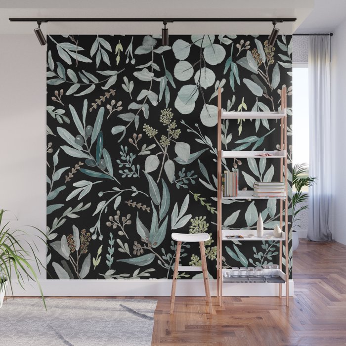 Black Eucalyptus Leaves Pattern Wall Mural Gallery Image 1