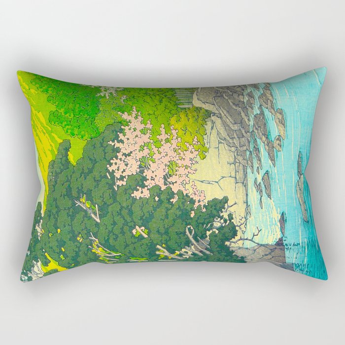 Vintage Japanese Woodblock Print Beautiful Water Creek Grey Rocks Green Trees Rectangular Pillow Gallery Image 2