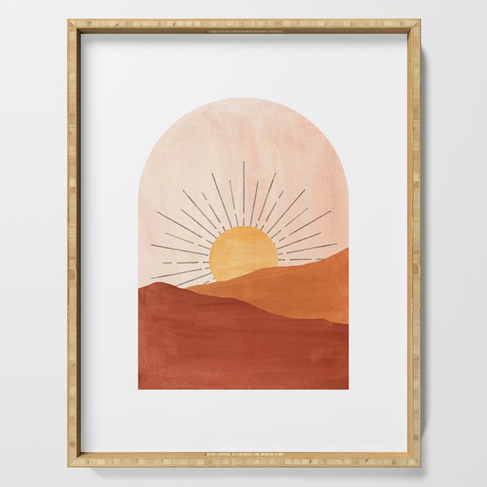 Abstract terracotta landscape, sun and desert, sunrise #1 Serving Tray Gallery Image 1