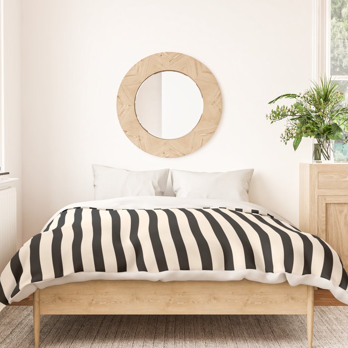 Fine Stripes Vertical Minimalist Pattern in Black and Almond Cream Duvet Cover Gallery Image 3