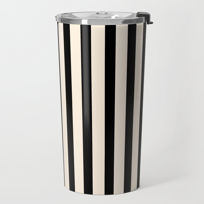 Fine Stripes Vertical Minimalist Pattern in Black and Almond Cream Travel Mug Gallery Image 2