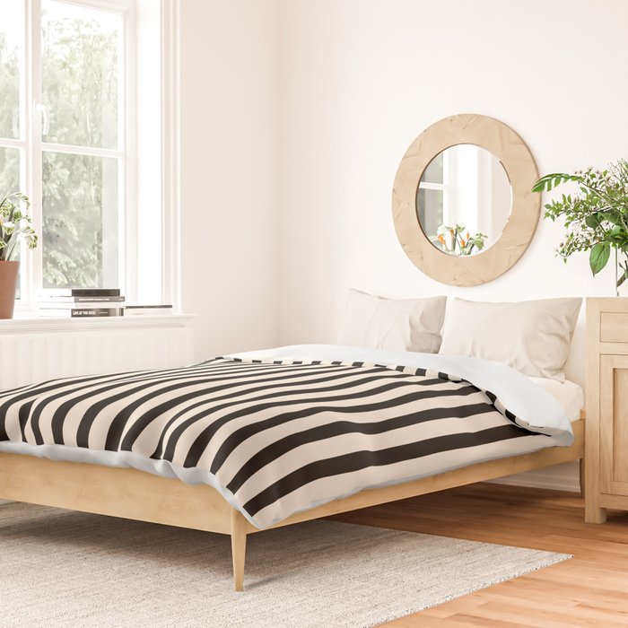 Fine Stripes Vertical Minimalist Pattern in Black and Almond Cream Duvet Cover Gallery Image 2