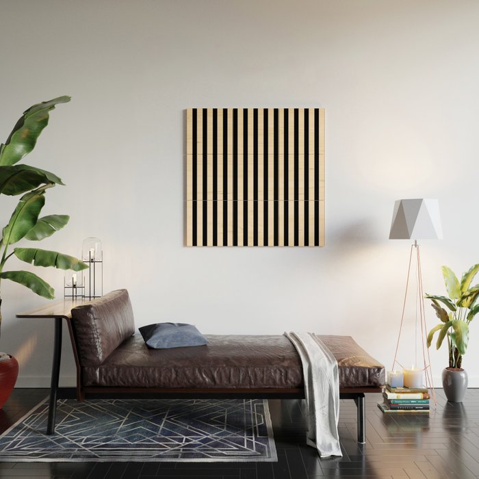 Fine Stripes Vertical Minimalist Pattern in Black and Almond Cream Wood Wall Art Gallery Image 2