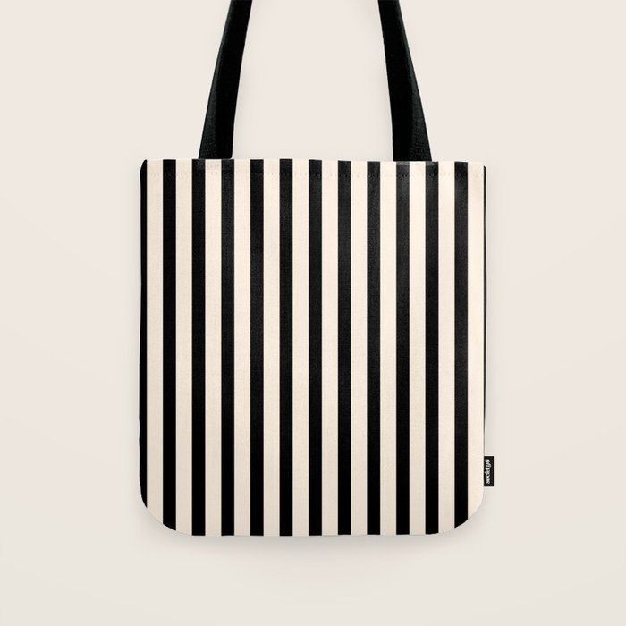 Fine Stripes Vertical Minimalist Pattern in Black and Almond Cream Tote Bag Gallery Image 1