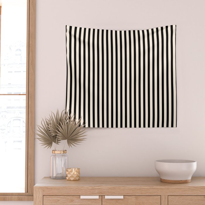 Fine Stripes Vertical Minimalist Pattern in Black and Almond Cream Wall Tapestry Gallery Image 2