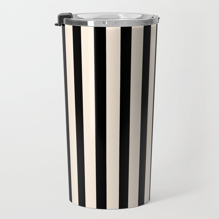 Fine Stripes Vertical Minimalist Pattern in Black and Almond Cream Travel Mug Gallery Image 3