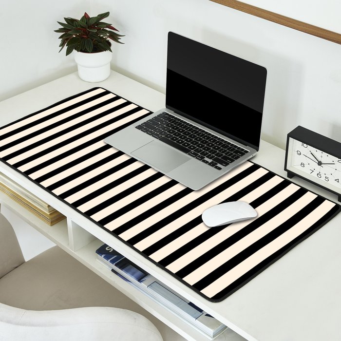 Fine Stripes Vertical Minimalist Pattern in Black and Almond Cream Desk Mat Gallery Image 2