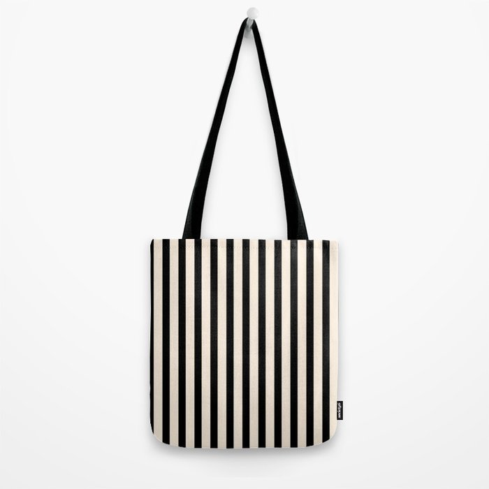 Fine Stripes Vertical Minimalist Pattern in Black and Almond Cream Tote Bag Gallery Image 2