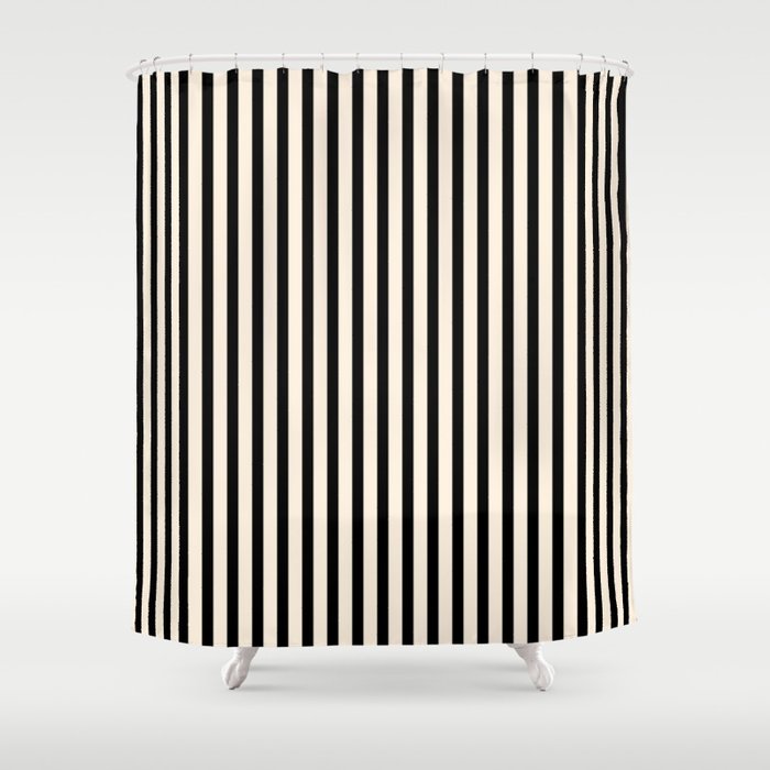 Fine Stripes Vertical Minimalist Pattern in Black and Almond Cream Shower Curtain Gallery Image 1