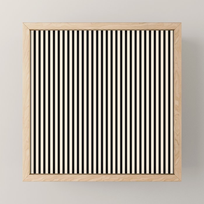 Fine Stripes Vertical Minimalist Pattern in Black and Almond Cream Mini Art Print Gallery Image 1