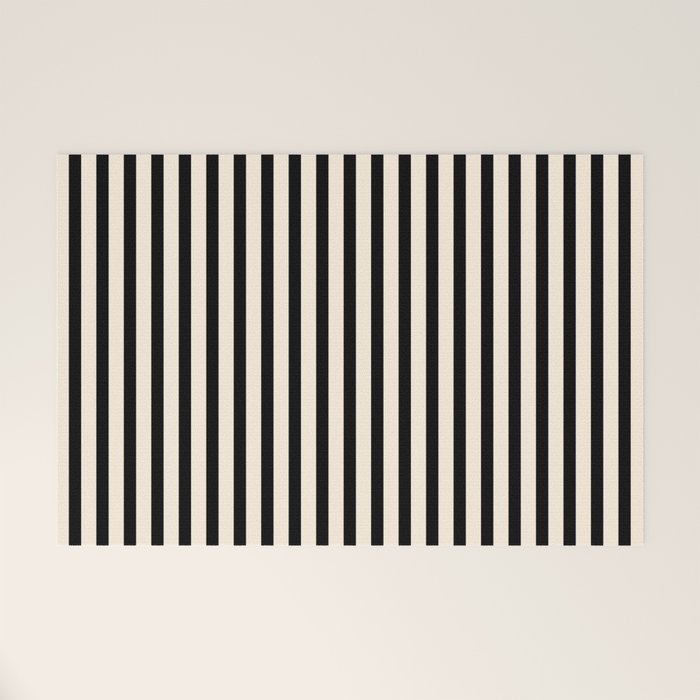 Fine Stripes Vertical Minimalist Pattern in Black and Almond Cream Welcome Mat Gallery Image 1