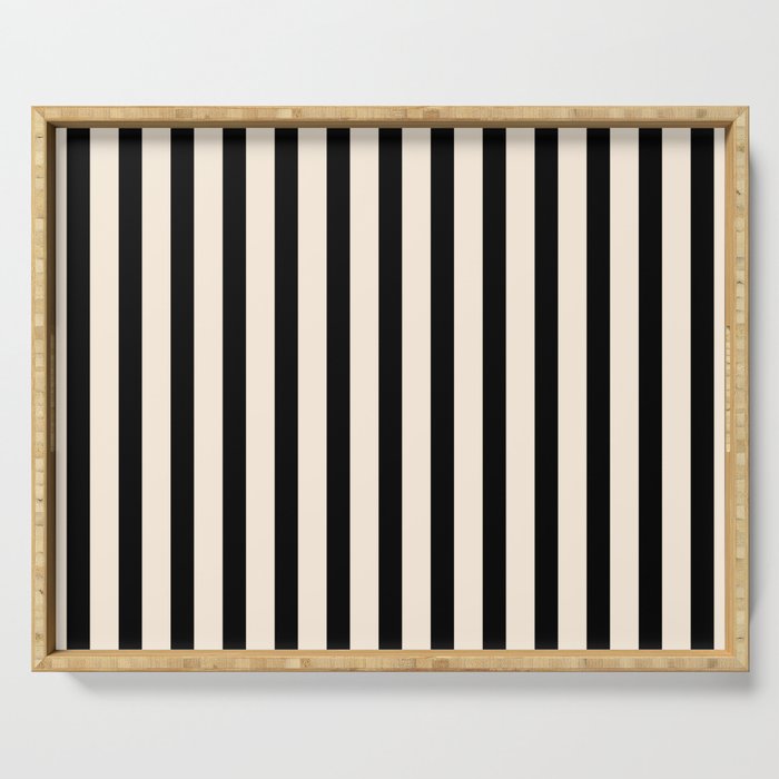 Fine Stripes Vertical Minimalist Pattern in Black and Almond Cream Serving Tray Gallery Image 1