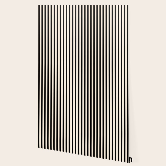 Fine Stripes Vertical Minimalist Pattern in Black and Almond Cream Wallpaper Gallery Image 2