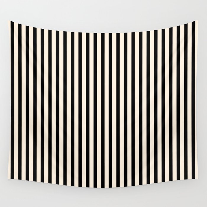 Fine Stripes Vertical Minimalist Pattern in Black and Almond Cream Wall Tapestry Gallery Image 1