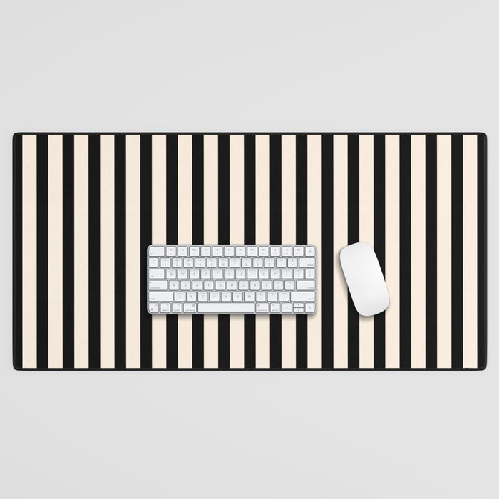 Fine Stripes Vertical Minimalist Pattern in Black and Almond Cream Desk Mat Gallery Image 1