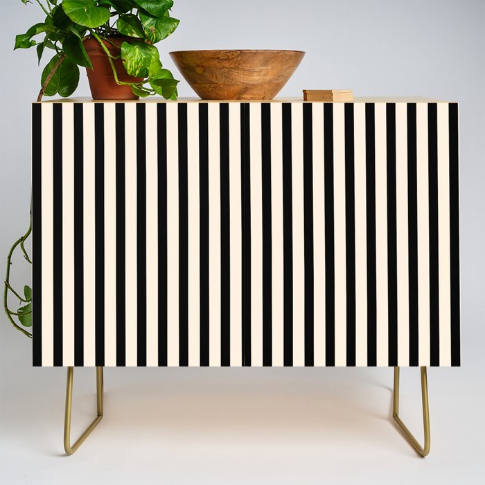 Fine Stripes Vertical Minimalist Pattern in Black and Almond Cream Credenza Gallery Image 1