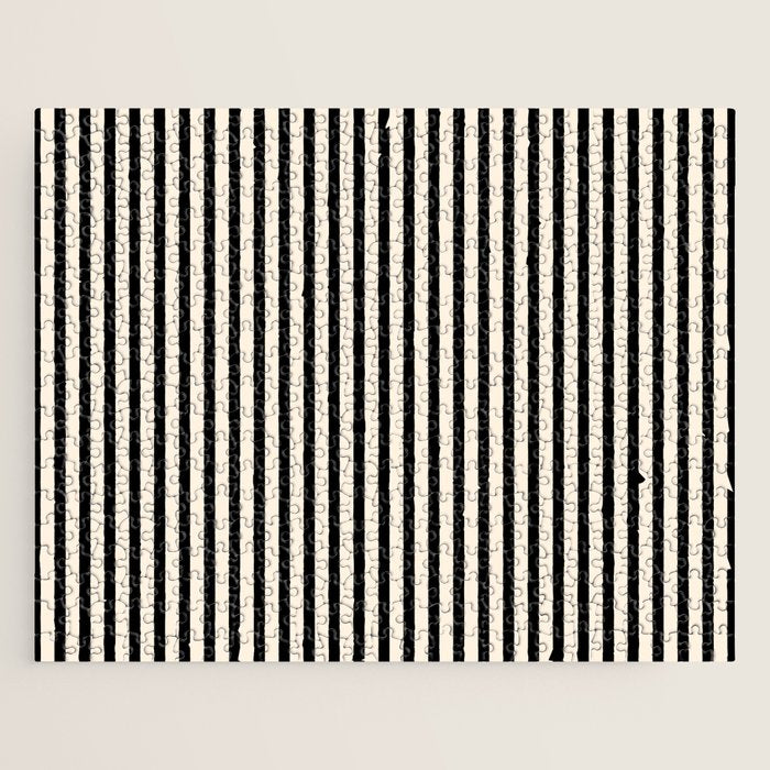 Fine Stripes Vertical Minimalist Pattern in Black and Almond Cream Jigsaw Puzzle Gallery Image 1